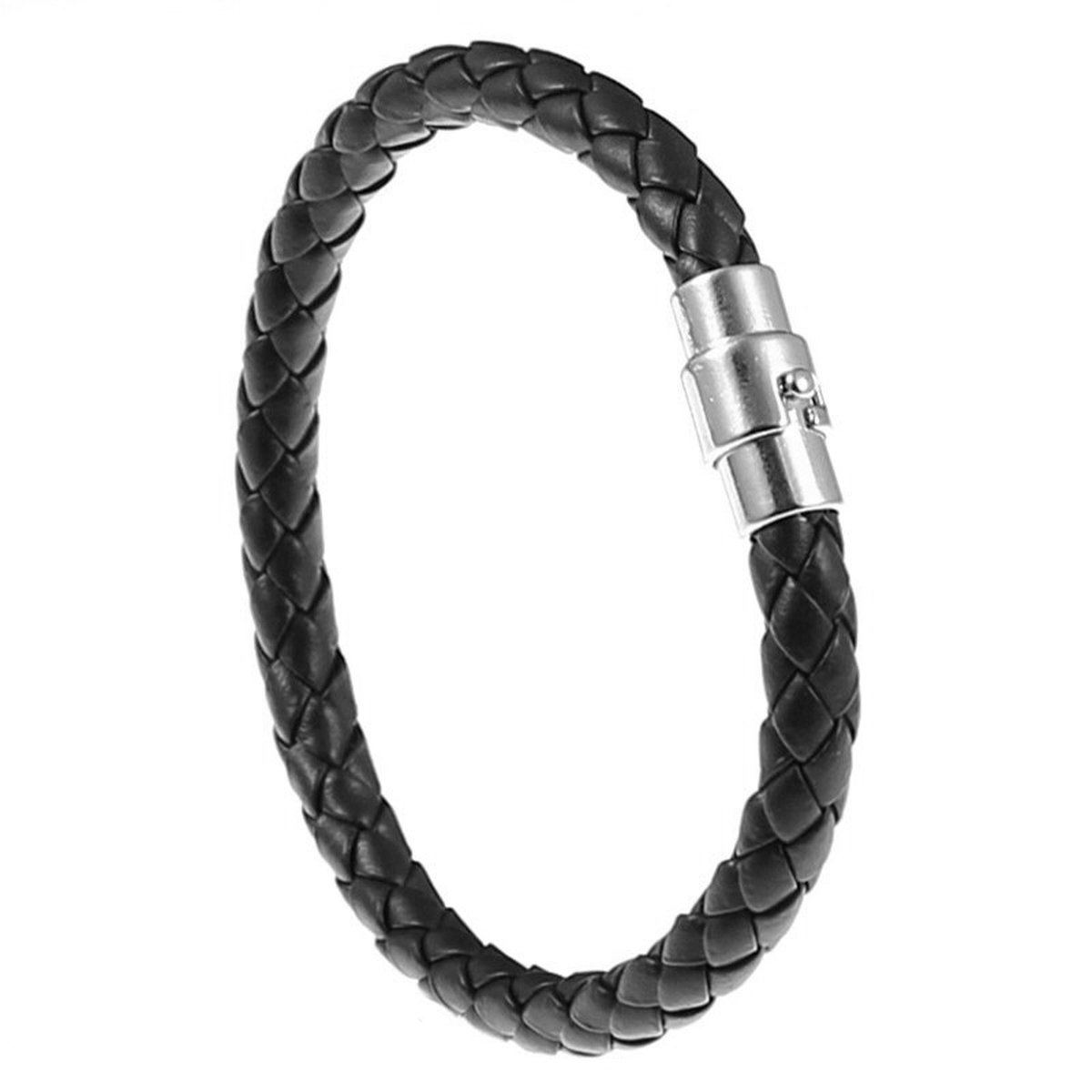 Marama - herenarmband Rock Zwart - gevlochten leer - metaal - 21 cm. - cadeau voor mannen