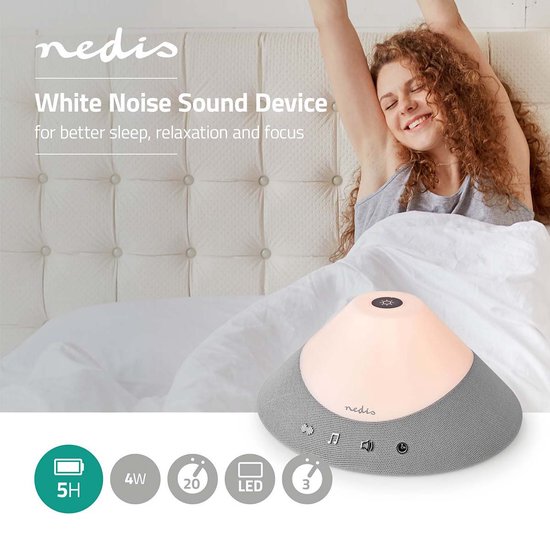 Nedis White Noise Machine - 20 Sound Options - 4 W - Maximale batterijduur: 5 uur - Dimbaar Licht - Tijdschakelaar - Grijs / Wit