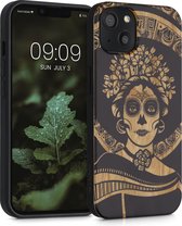 kwmobile telefoonhoesje compatibel met Apple iPhone 13 - Hoesje met bumper in lichtbruin / zwart - kersenhout - Diá de los Muertos design