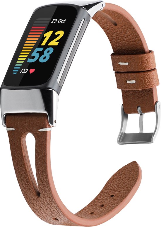 SmartphoneClip® Leer double bruin Bandje geschikt voor Fitbit Charge 5 en 6