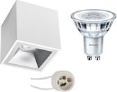 Opbouwspot Set - Pragmi Cliron Pro - GU10 Fitting - Opbouw Vierkant - Mat Wit/Zilver - Verdiept - 90mm - Philips - CorePro 827 36D - 5W - Warm Wit 2700K - Dimbaar - BES LED