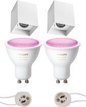 Pragmi Luxina Pro - Opbouw Vierkant - Mat Wit - Verdiept - Kantelbaar - 90mm - Philips Hue - Opbouwspot Set GU10 - White and Color Ambiance - Bluetooth - BES LED