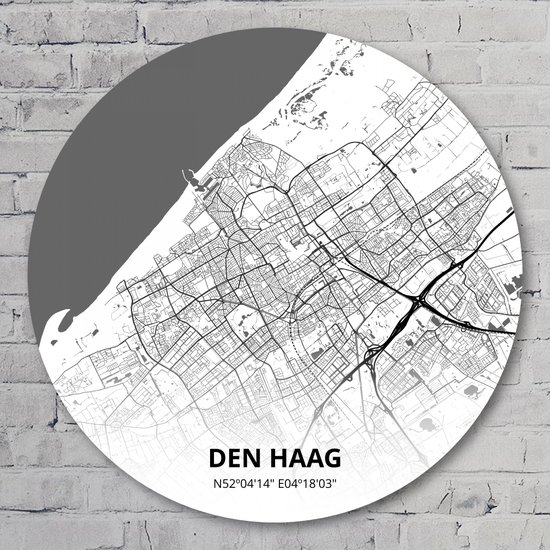 Muurcirkel ⌀ 60 cm - Muurcirkel Den Haag – Printmijnstad wit/zwart - Aluminium Dibond - Wereldkaarten - Rond Schilderij - Wandcirkel - Wanddecoratie