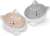 Navaris 2x voerbakjes voor katten - Voederbak en drinkbak kat van keramiek - Design in de vorm van een kattenkop in grijs/beige - Vaatwasserbestendig