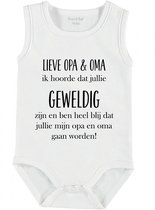 Baby Rompertje met tekst ''Lieve opa en oma, ik hoorde dat jullie geweldig zijn, ik kan niet wachten jullie te ontmoeten' | mouwloos l | wit zwart | maat 62/68 | cadeau | Kraamcadeau | Kraamk