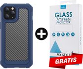 Backcover Shockproof Carbon Hoesje iPhone 11 Pro Max Blauw - Gratis Screen Protector - Telefoonhoesje - Smartphonehoesje