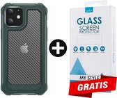 Backcover Shockproof Carbon Hoesje iPhone 12 Mini Legergroen - Gratis Screen Protector - Telefoonhoesje - Smartphonehoesje