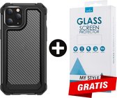 Backcover Shockproof Carbon Hoesje iPhone 12 Pro Zwart - Gratis Screen Protector - Telefoonhoesje - Smartphonehoesje