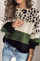 Gebreide Sweater Trui Dames - Colorblock Luipaard Groen - Maat M