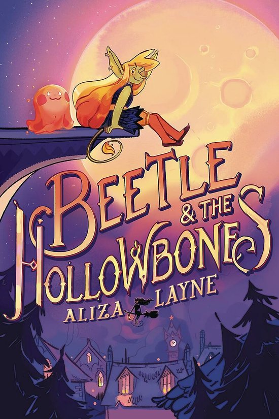 Boekomslag van 'Beetle & the Hollowbones' met een elfachtig figuur met oranje haar, zittend op de maan, met een spookje ernaast. De titel is in gouden letters.