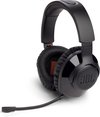 Zwarte JBL gaming headset met verstelbare hoofdband, oorkussens en afneembare microfoon.