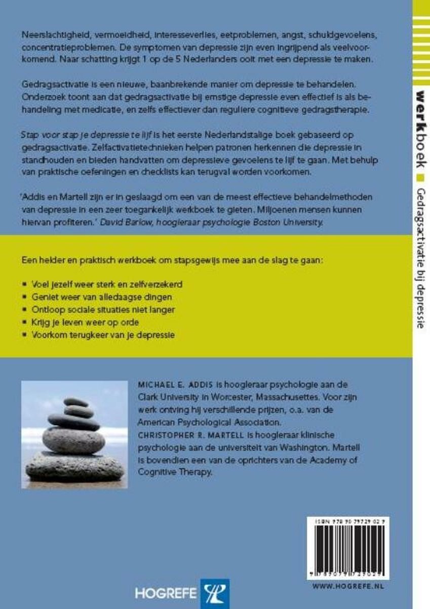 Achterkant van het werkboek 'Gedragsactivatie bij depressie' met opgestapelde stenen en tekst over de auteurs.