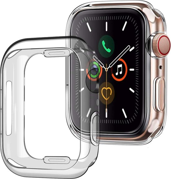 Transparante beschermhoes voor een rosegouden Apple Watch Series 4 44mm met witte band.