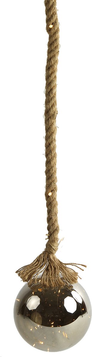 Glazen Bal zilver met LED - 15 cm - Jute touw 95 cm