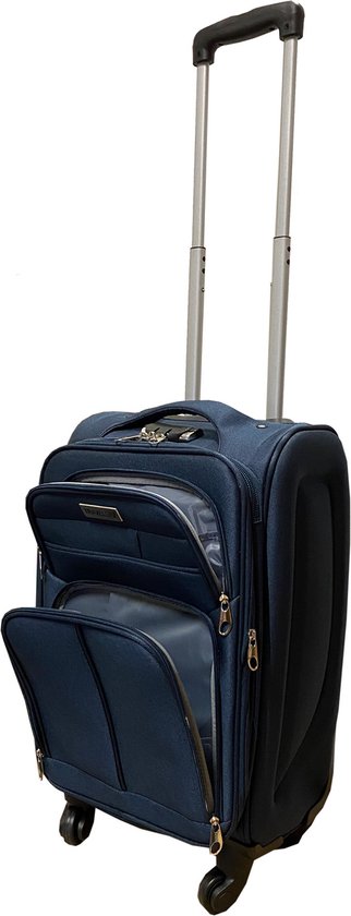 Donkerblauwe handbagage koffer met uitschuifbare handgreep, wielen en open voorvakken.