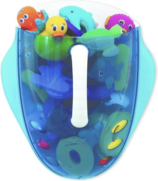 Blauwe badspeelgoed organizer met diverse zeedieren zoals een octopus, dolfijn en vis, met witte handgreep.