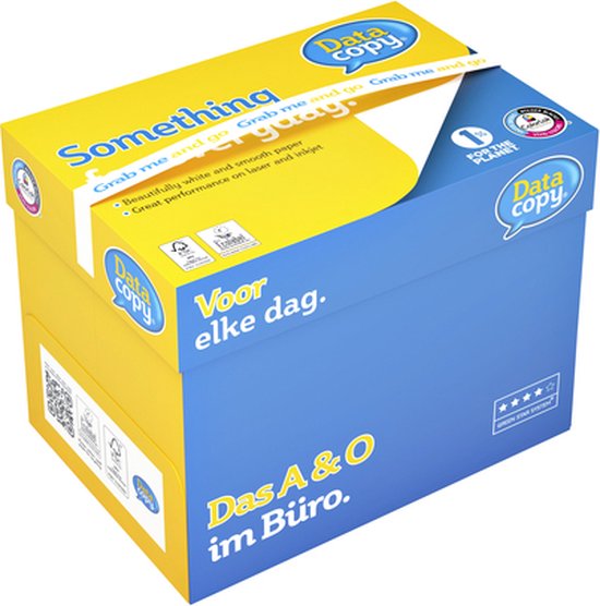 Gele en blauwe stapel dozen met de tekst 'Something for everyday.' en 'Data copy'. A4 papier.