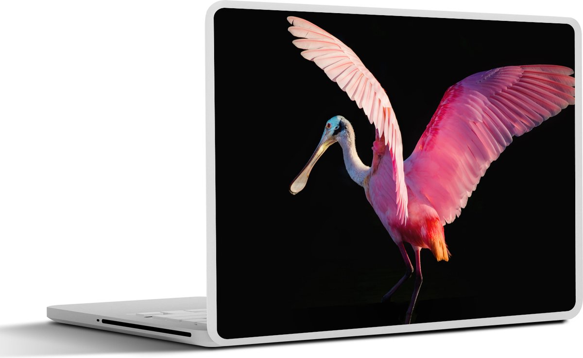 Laptop sticker - 15.6 inch - Roze lepelaar met gespreide vleugels weergegeven op zwarte achtergrond - 36x27,5cm - Laptopstickers - Laptop skin - Cover