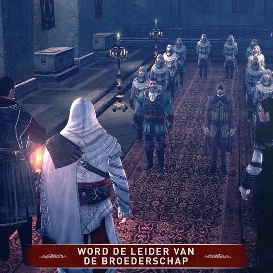 Ezio in witte outfit staat voor een groep mannen in historische kledij. Tekst: 'Word de leider van de broederschap'.