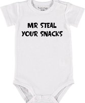 Baby Rompertje met tekst 'Mr steal youre snack' | Korte mouw l | wit zwart | maat 62/68 | cadeau | Kraamcadeau | Kraamkado