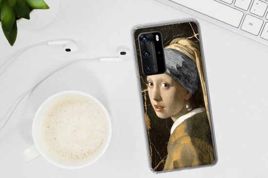 Telefoonhoesje Geschikt voor Huawei P40 Pro hoesje - Meisje met de parel - Marmer print - Goud - Siliconen Telefoonhoesje Telefoonhoesje