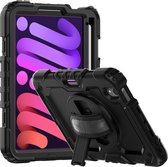 Kidscase Geschikt voor: iPad Mini 6 (2021) Tablet - Armor Case - Schermbeschermer - ShockProof - Handstrap - met Schouderband - Zwart / Zwart - ZT Accessoires
