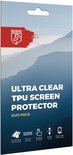 Verpakking van de 'Ultra Clear TPU Screen Protector Duo Pack' met icons voor eigenschappen.