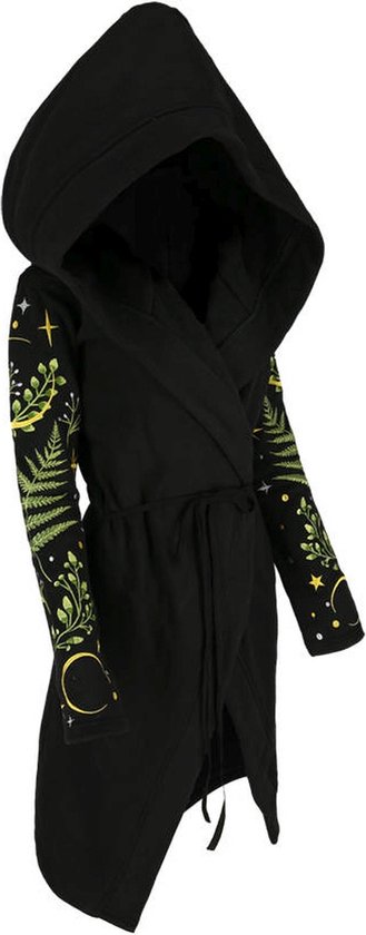 Zwarte lange vest met capuchon, versierd met groene bladeren, takken, manen en sterren op de mouwen.
