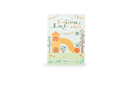 Voorpagina van 'Garden Party' boekje met oranje tunnel en dieren, en de tekst 'Lilliputiens'.