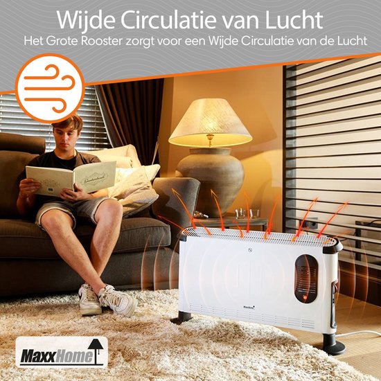 Witte elektrische convector verwarming met zwarte accenten en oranje warmte-indicatie.