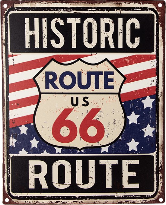 Clayre & Eef Tekstbord 20x25 cm Blauw Rood Ijzer Historic Route Route 66 Wandbord