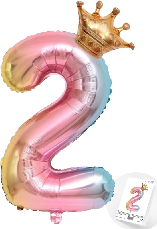 Cijfer Ballon nummer 2 - Prins - Prinses - Royal Rainbow - Ballon - Regenboog Unicorn Kleuren - Prinsessen Verjaardag