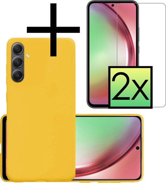 Étui de téléphone jaune et deux protecteurs d'écran, avec symbole plus.