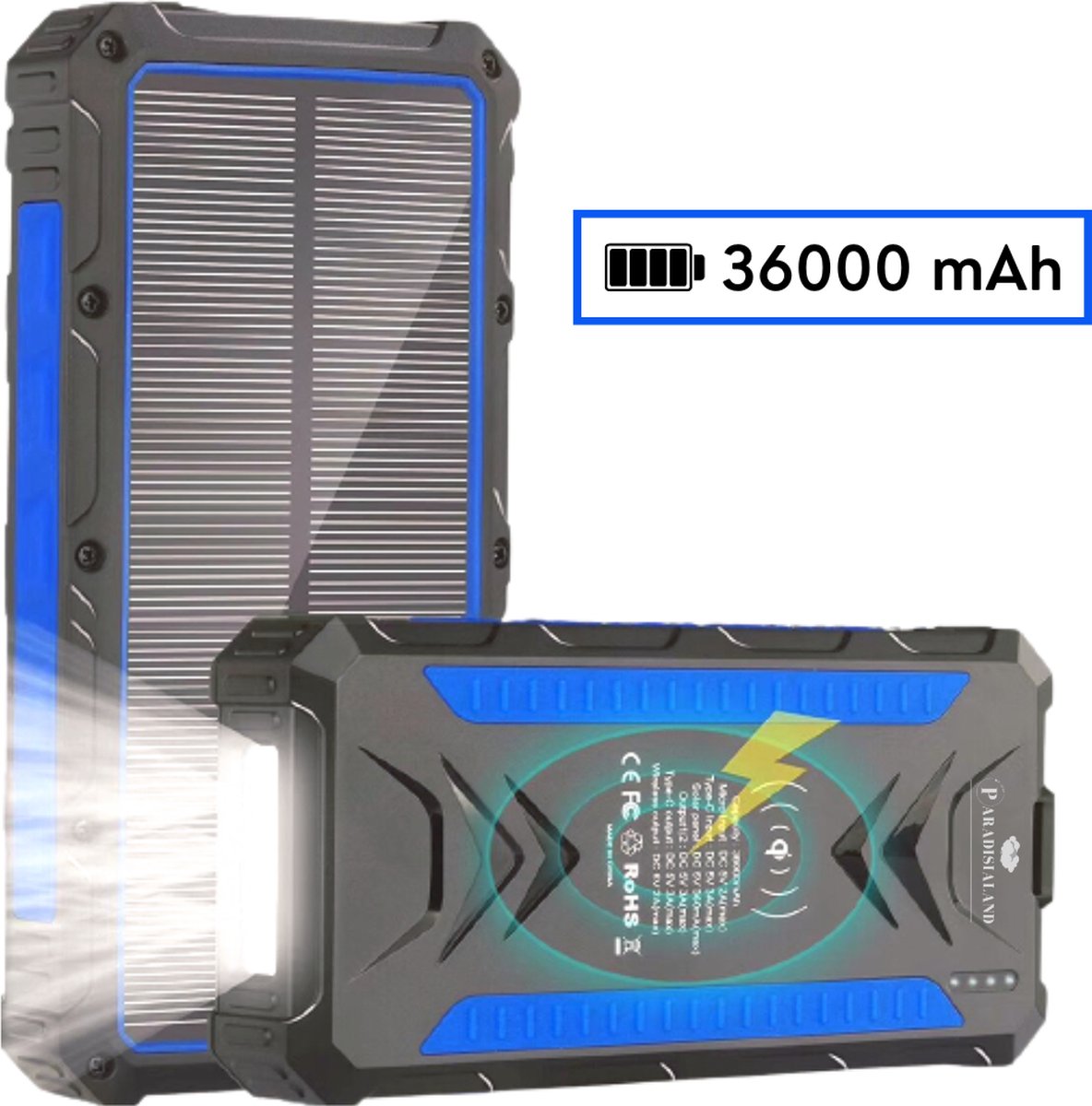 Paradisialand Solar Powerbank 36.000mAh Capaciteit - Wireless Charger - Snellader Iphone & Samsung - Powerbank Zonneenergie - Waterdicht en Stofbestendig - Blauw