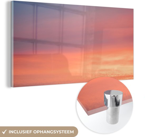 MuchoWow® Glasschilderij 120x60 cm - Schilderij acrylglas - Zon - Lucht - Wolken - Roze - Foto op glas - Schilderijen