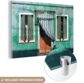 MuchoWow® Glasschilderij 60x40 cm - Schilderij acrylglas - Architectuur - Groen - Deur - Huis - Luiken - Foto op glas - Schilderijen