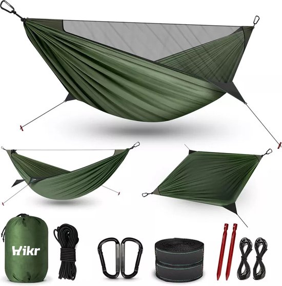 Hikr® Hangmat - 2 personen - Premium 210T Nylon - Bushcraft - Klamboe & Muggennet - 300KG reis hangmat - Survival - Outdoor - Hiking - Muskietennet - Lichtgewicht