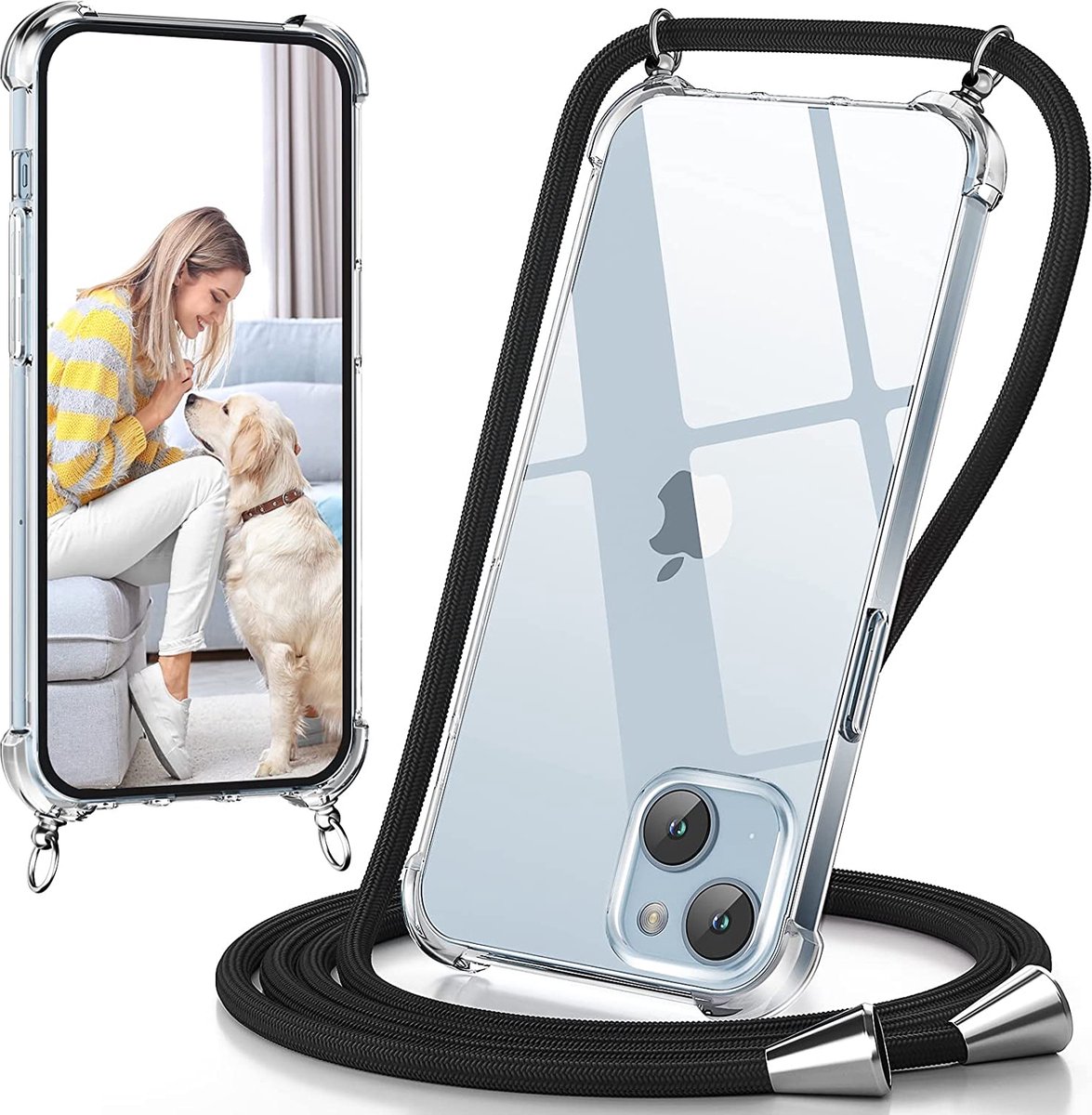 Hoesje met koord - ketting - Draagriem voor Schouder / Nek - touw - Hanger - Schouder tas - Geschikt voor: iPhone 14 Plus - transparant