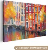 Canvas schilderij 140x90 cm - Wanddecoratie Grachtenpanden - Kunst - Schilderij - Amsterdam - Muurdecoratie woonkamer - Slaapkamer decoratie - Kamer accessoires - Schilderijen op canvas