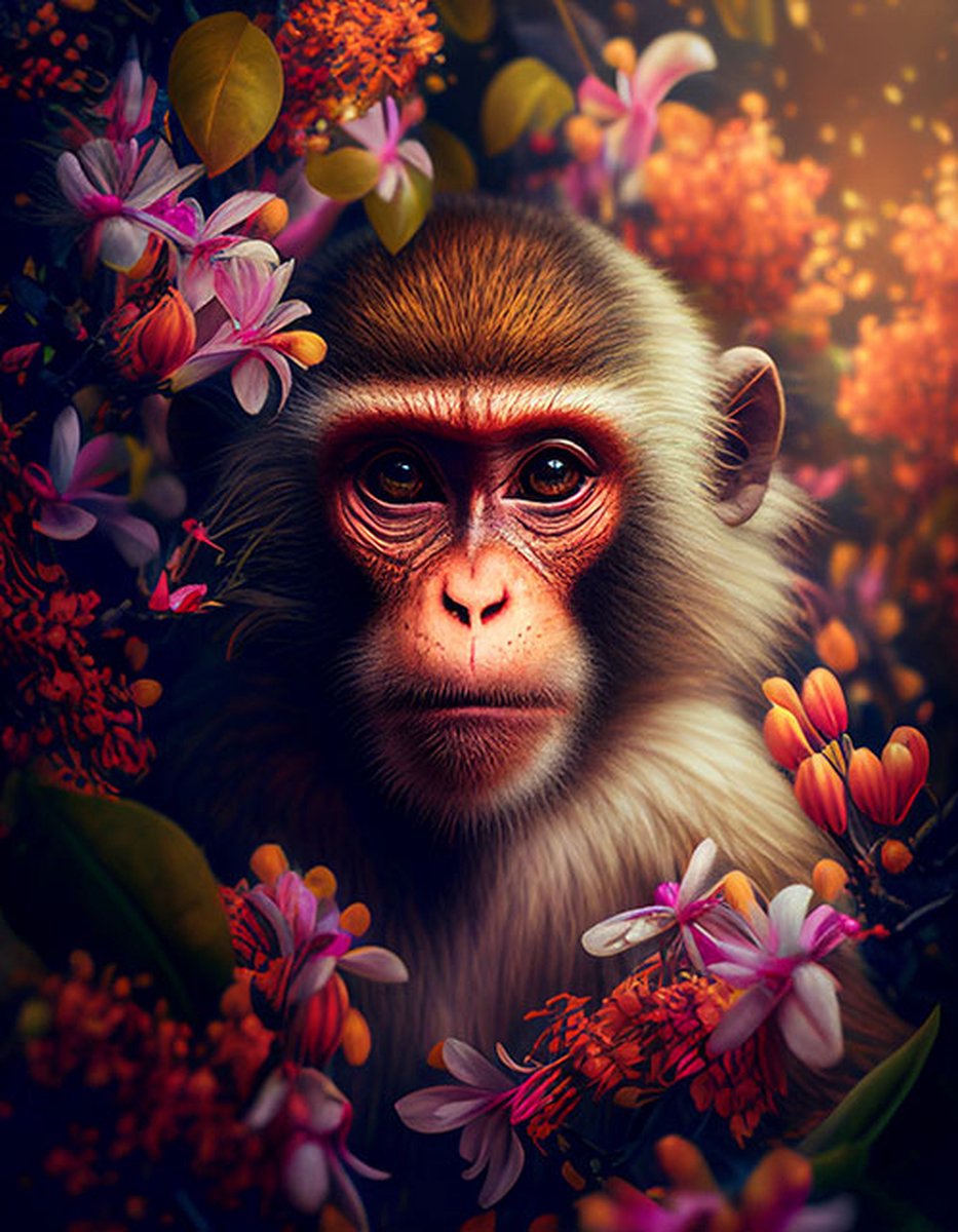 AI - Woondecoratie - Poster - Dieren - Aap - Bloemen en jungle - 40 - 30 x 40 cm