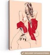 Canvas Schilderij Vrouw - Portret - Pastel - Rood - 30x40 cm - Wanddecoratie