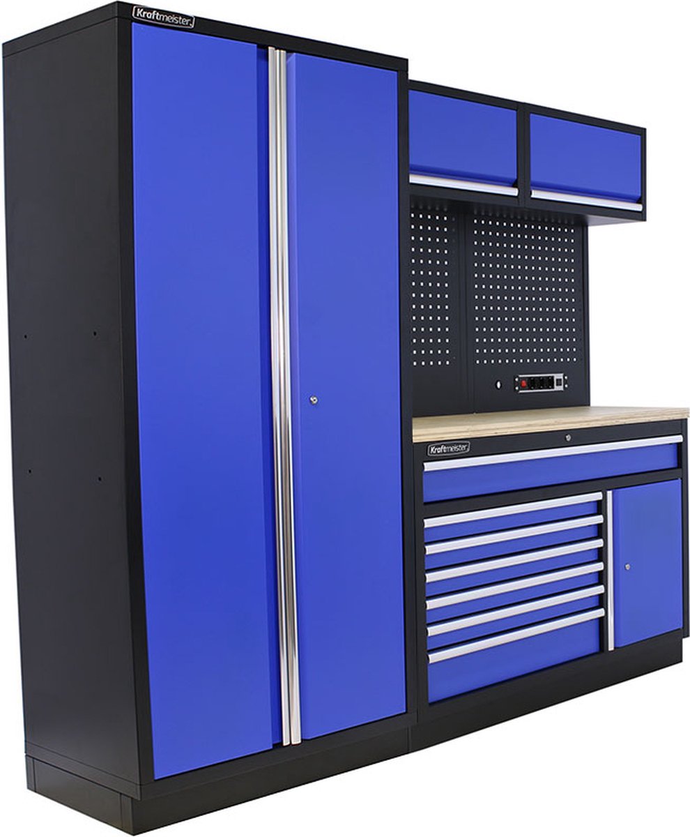 Kraftmeister werkplaatsinrichting - Werkbank met 2 wandkasten, 1 werkplaatskast en multiplex werkblad - Werktafel met 7 laden, 1 opbergkast en gereedschapswand - Complete set voor werkplaats of garage - Blauw