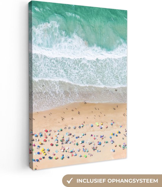 Canvas Schilderij Zee - Strand - Parasols - Water - Zomer - 60x90 cm - Wanddecoratie