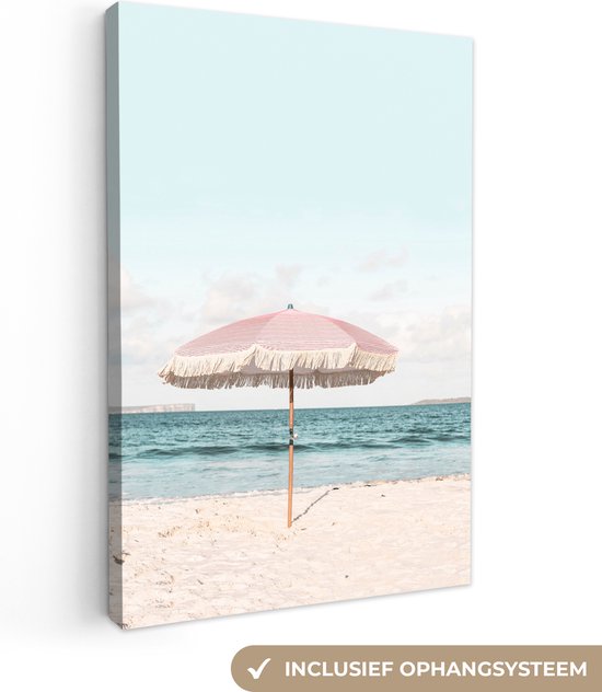 Canvas Schilderij Parasol - Strand - Zee - Wolken - 80x120 cm - Wanddecoratie
