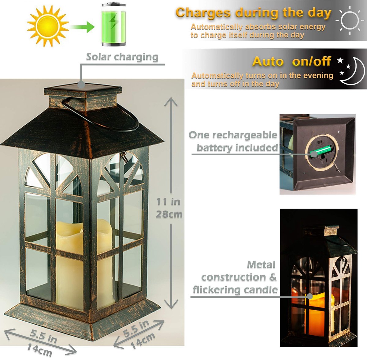 SteadyDoggie Lot De 2 Lanternes Solaires Classiques Bronze - Bougie LED Vacillante