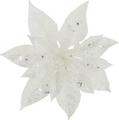 1x stuks decoratie bloemen kerststerren wit glitter op clip 15 cm - Decoratiebloemen/kerstboomversiering/kerstversiering