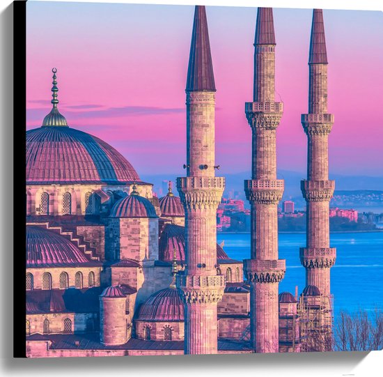 Canvas - Sultan Ahmetmoskee in Istanbul met Roze Blauwe Lucht - 60x60 cm Foto op Canvas Schilderij (Wanddecoratie op Canvas)