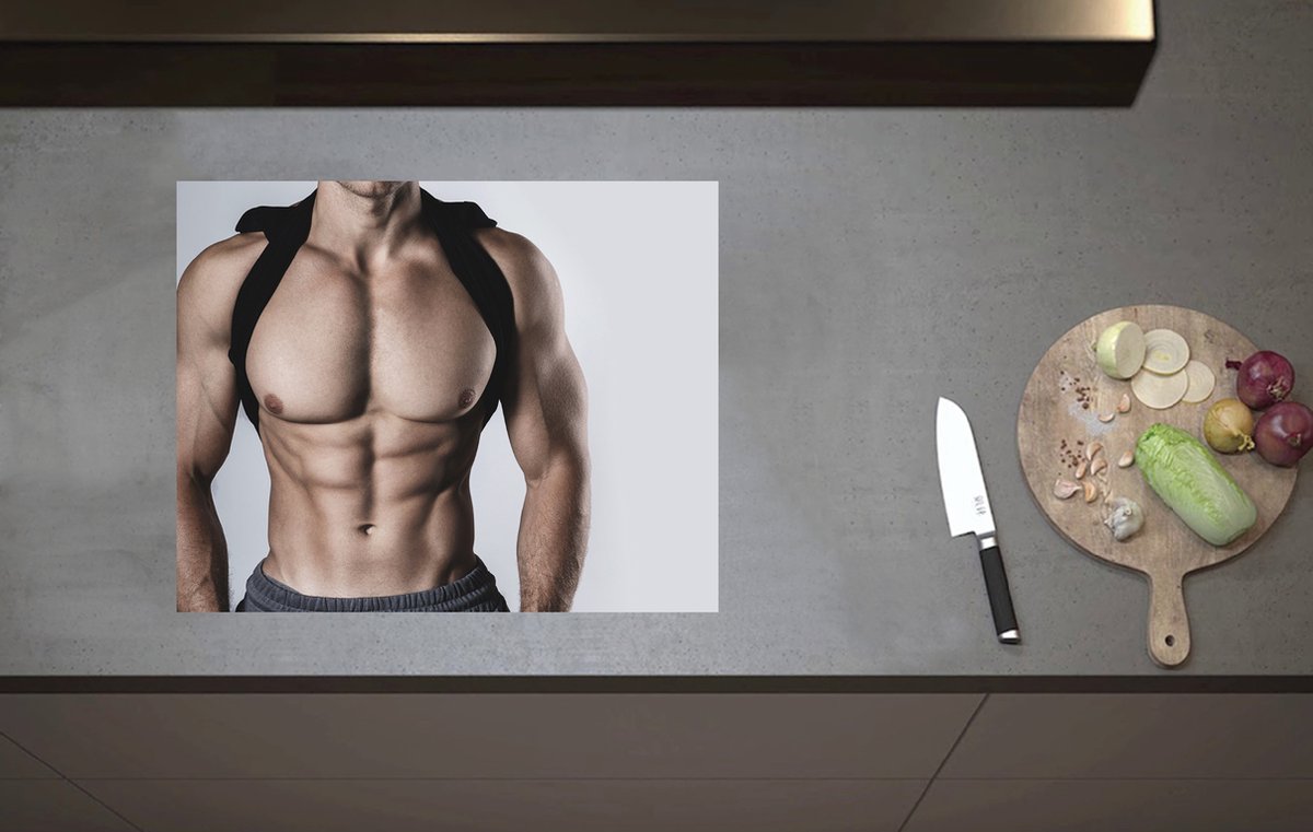 Inductieplaat Beschermer - Bodybuilder Lichaam van Man tegen Witte Achtergrond - 60x52 cm - 2 mm Dik - Inductie Beschermer van Vinyl