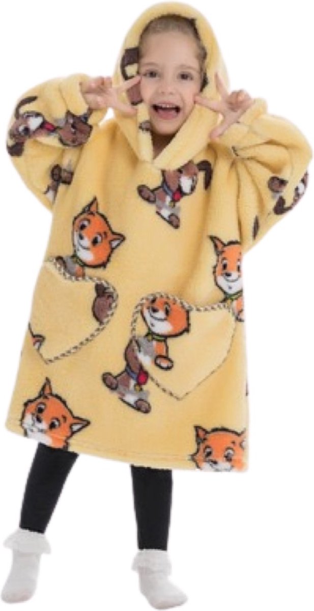 Katten & honden fleece hoodie deken met mouwen - fleece poncho voor kinderen – Draagbare deken - fleece plaid met mouwen - maat 98/128 – lengte 60 cm – warm & zacht – relax outfit kids– geel - Badrock — cadeau in Wonen & Interieur - foto 2