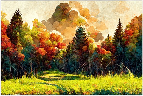 Poster Glanzend – Schilderij van Bospad tussen Herfstkleurige Bomen - 90x60 cm Foto op Posterpapier met Glanzende Afwerking